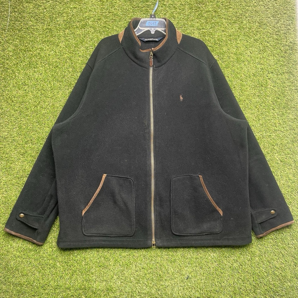 Polo Ralph Lauren Fleece Jacket Mens 3XB Leather Trim Zip Up Black Sherpa